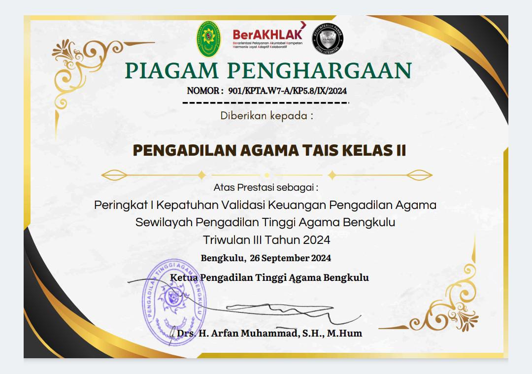 peringkat Ke I kepatuhan validasi keuangan pengadilan agama sewilayah